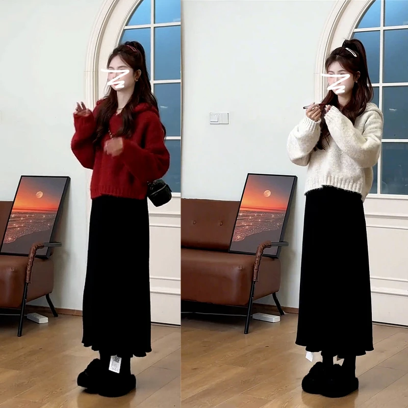 慵懒风洋气连帽套头毛衣女秋冬季2025新款高级感显瘦半身裙两件套