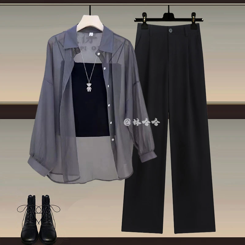 夏天衣服一整套防晒衬衫上衣内搭吊带女搭配显瘦休闲阔腿裤三件套