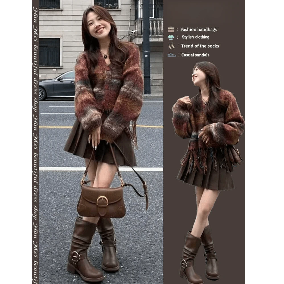 秋装搭配一整套时尚美拉德穿搭高级感毛衣百褶裙两件套装女秋冬季