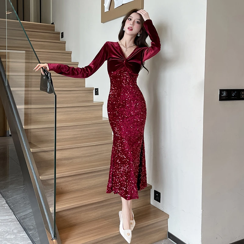 秋冬新款气质名媛v领金丝绒拼接亮片连衣裙时尚修身显瘦包臀长裙