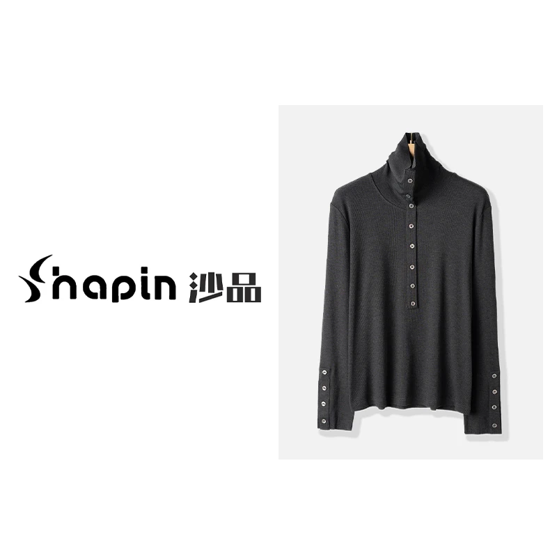 时尚排扣堆堆领长袖打底衫秋冬百搭纯色上衣女XHR5130