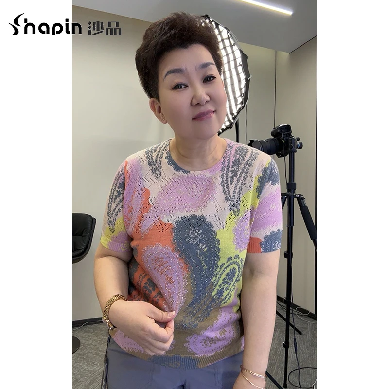 天丝亚麻短袖针织衫2024夏季新款印花圆领上衣女ZBW3380-3371