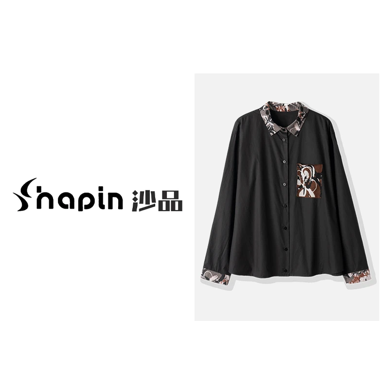印花拼接长袖衬衫女2024秋季新款设计感宽松衬衣TK2561-1