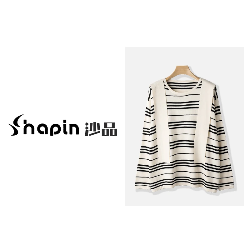 时尚披肩撞色条纹长袖假两件针织衫2024年百搭上衣女QYG5205