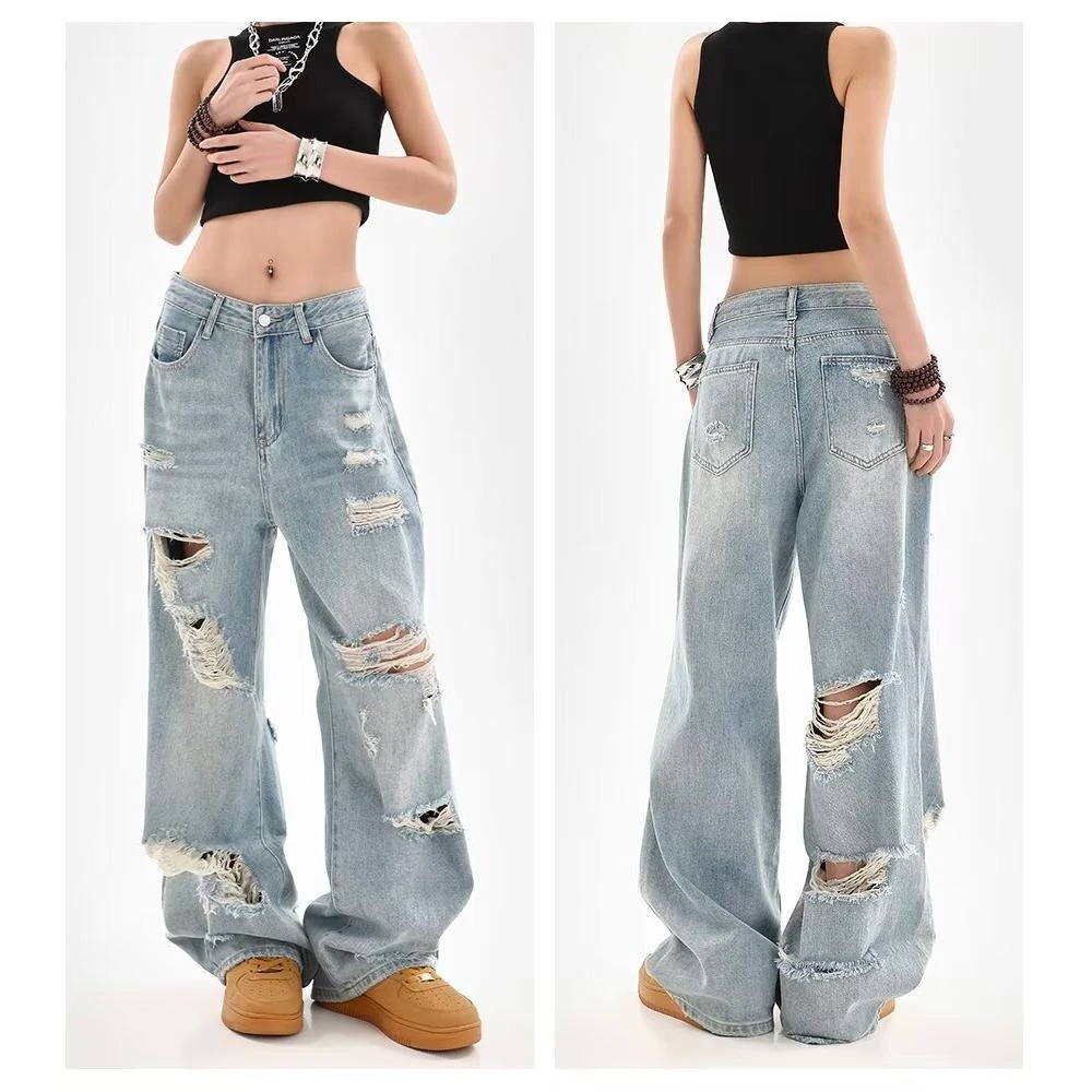 破洞牛仔裤男款夏季男士复古潮流乞丐裤百搭潮流宽松阔腿直筒裤DS