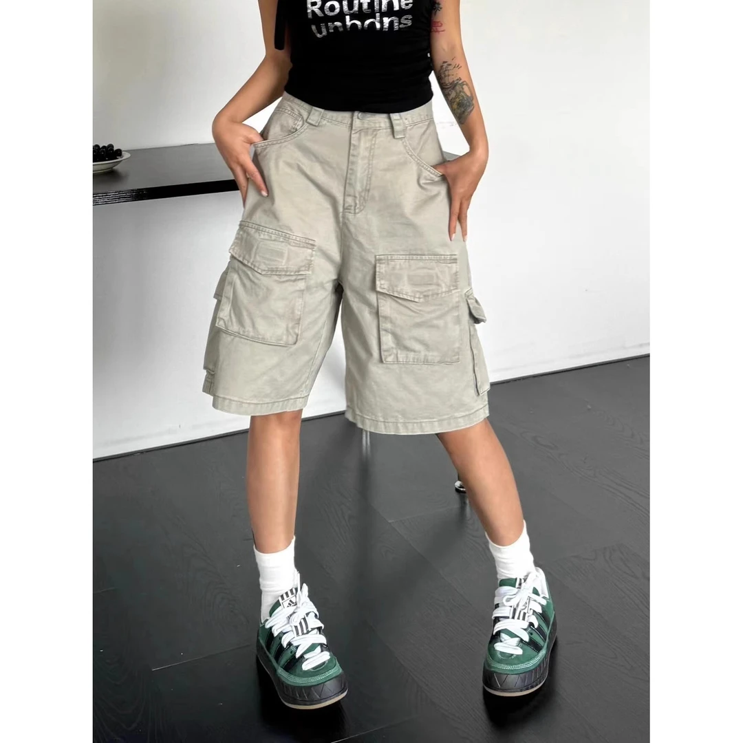 美式复古水洗棉多口袋工装短裤女夏季高街休闲宽松直筒五分裤男BQ