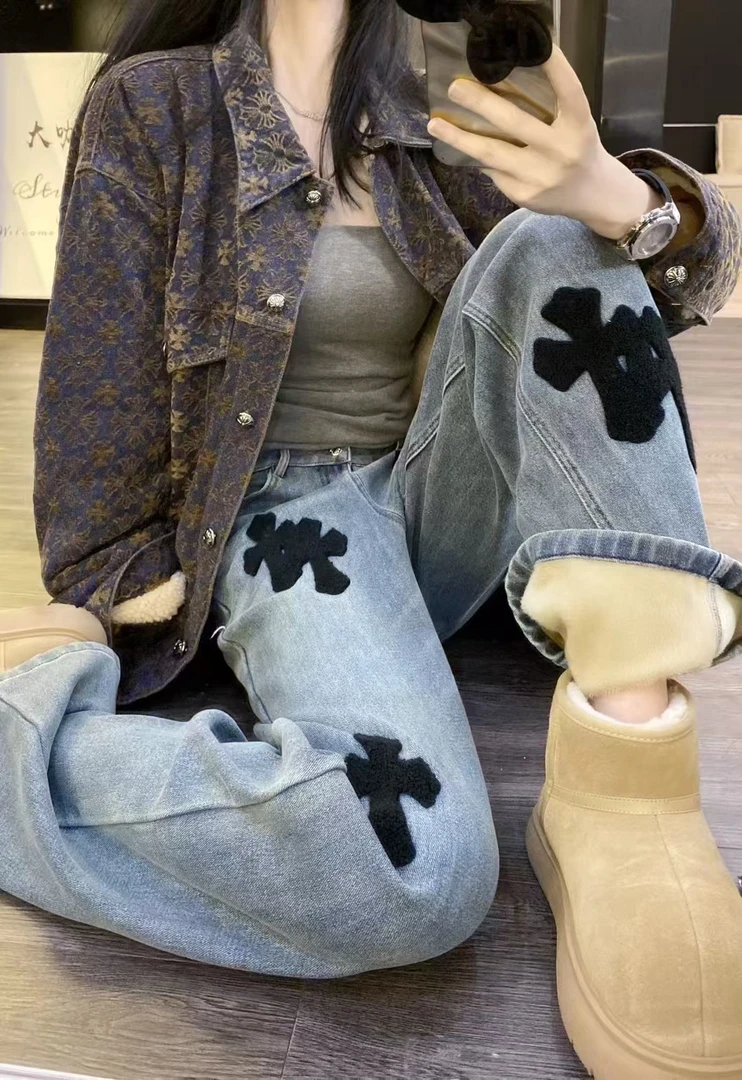 茶茶酱新款十字架印花牛仔外套加棉加厚2024秋冬新款