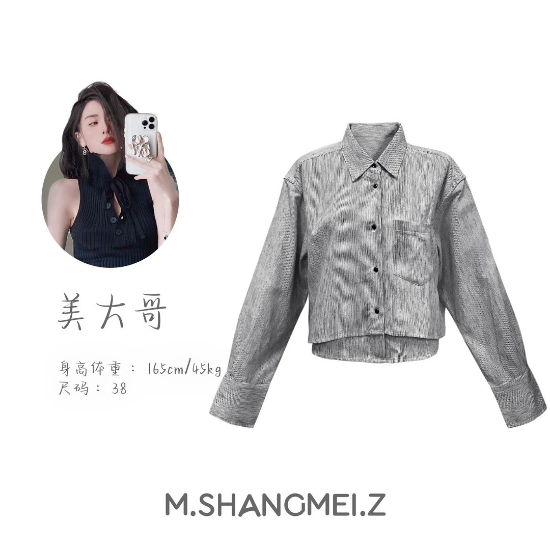 M.SHANGMEI.Z/沐熙美大哥推荐时尚小众百搭短款显瘦条纹衬衫x0704