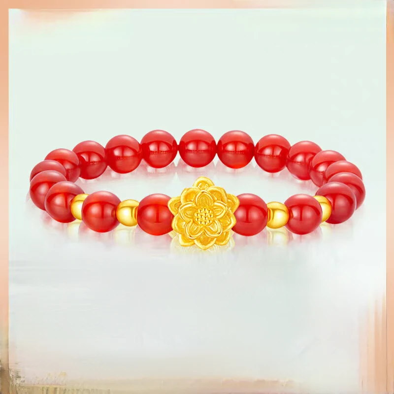 足金古法大莲花加四颗足金古法金珠（4mm）搭红 玉 髓手串