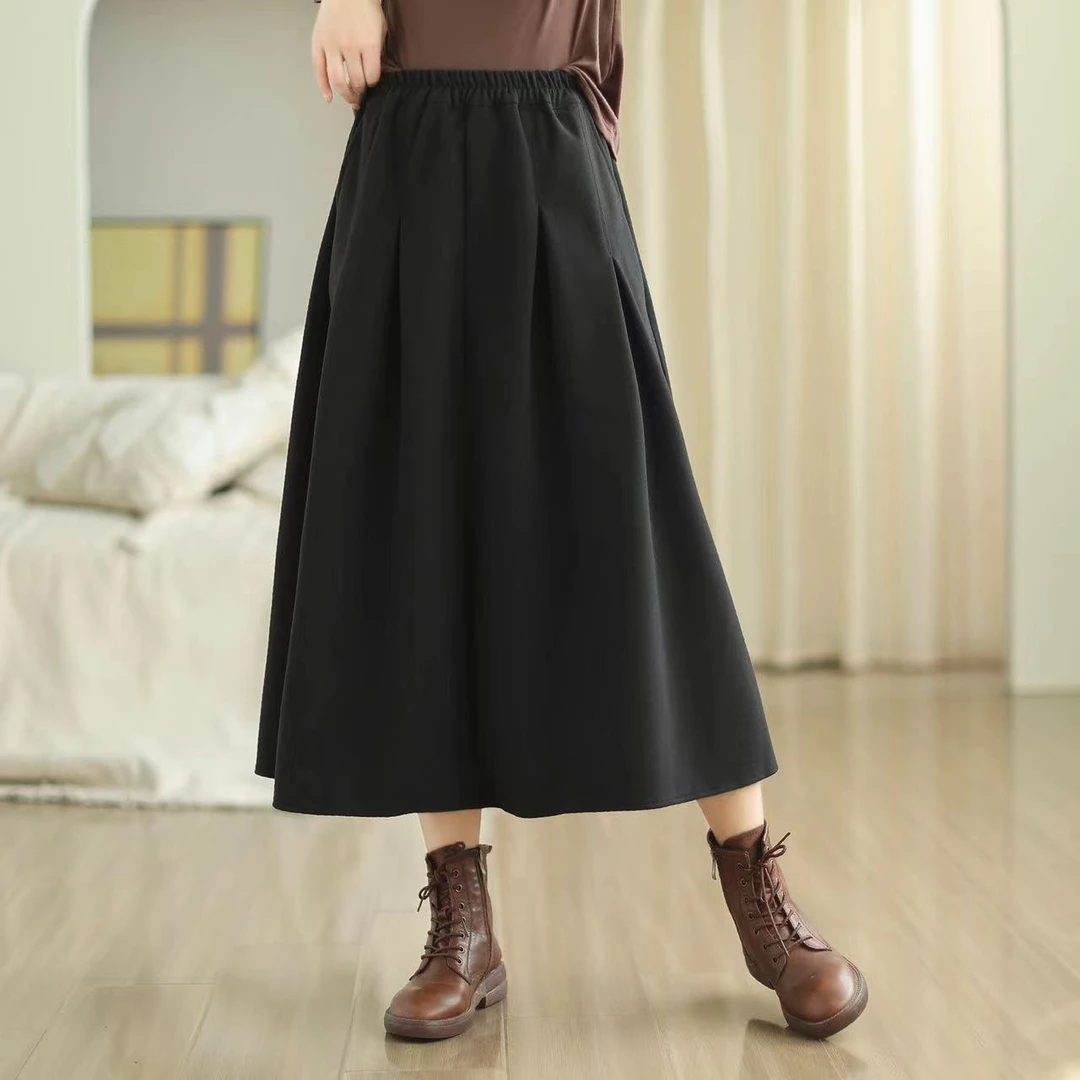 百搭毛呢加厚磨毛半身裙女秋冬新款松紧腰纯色a字裙百褶裙中长裙