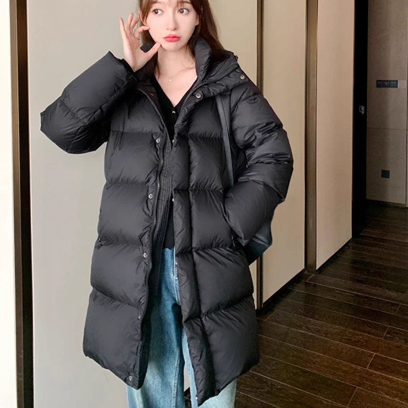 2024年新款中长款黑金羽绒服女冬季加厚连帽小个子外套保暖面包服