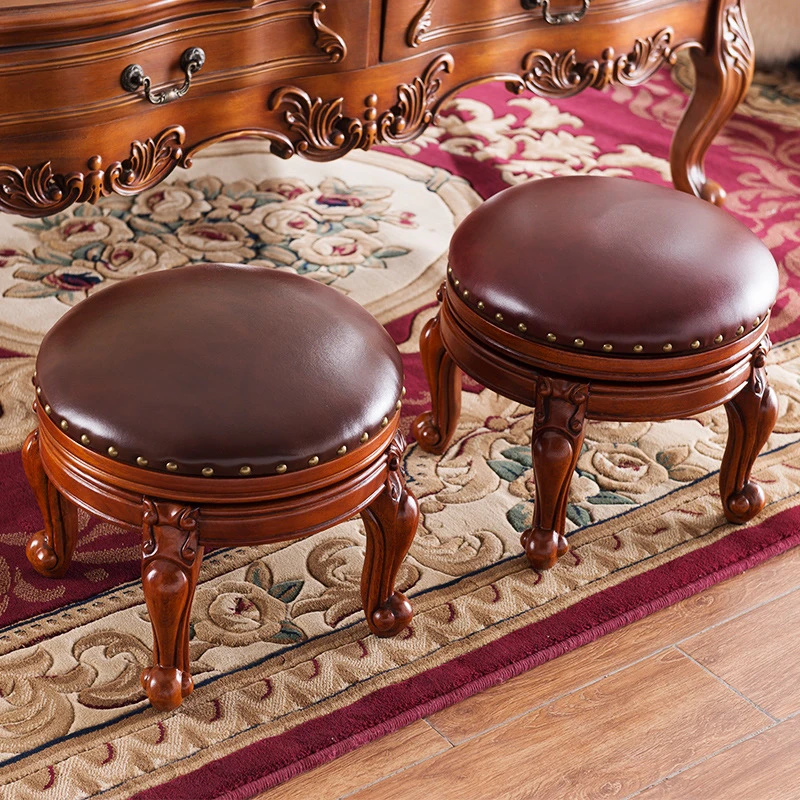 美式实木小方凳圆凳家用客厅小凳梳妆凳欧式茶几凳子复古皮凳圆凳