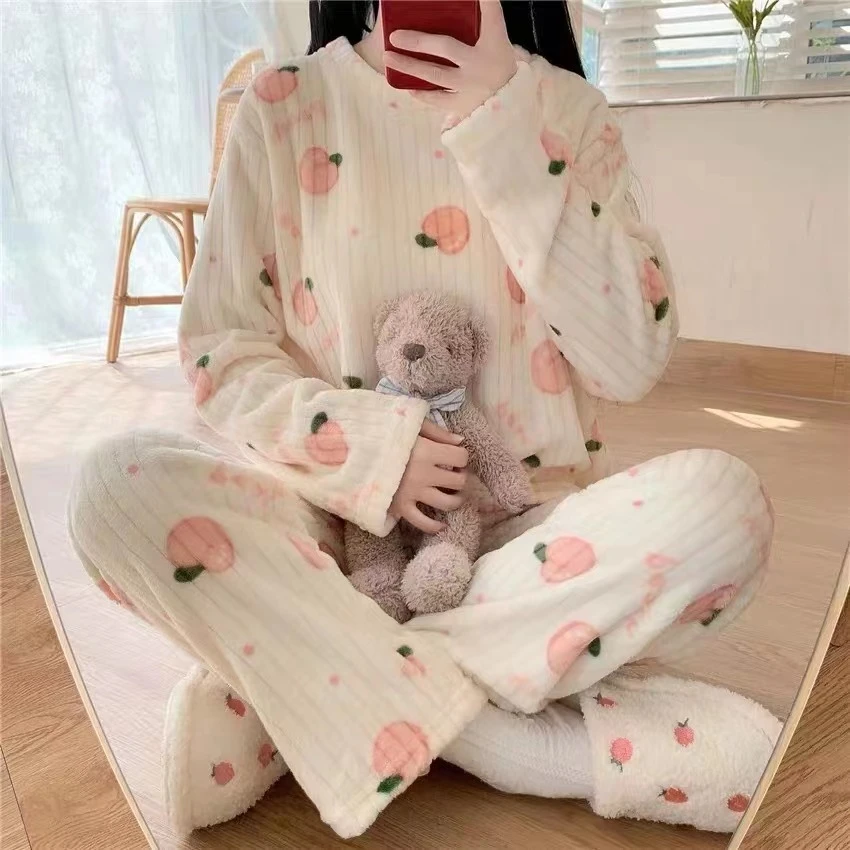 水蜜桃睡衣套装女秋冬季新款珊瑚绒女士两件装家居服甜美长袖春秋