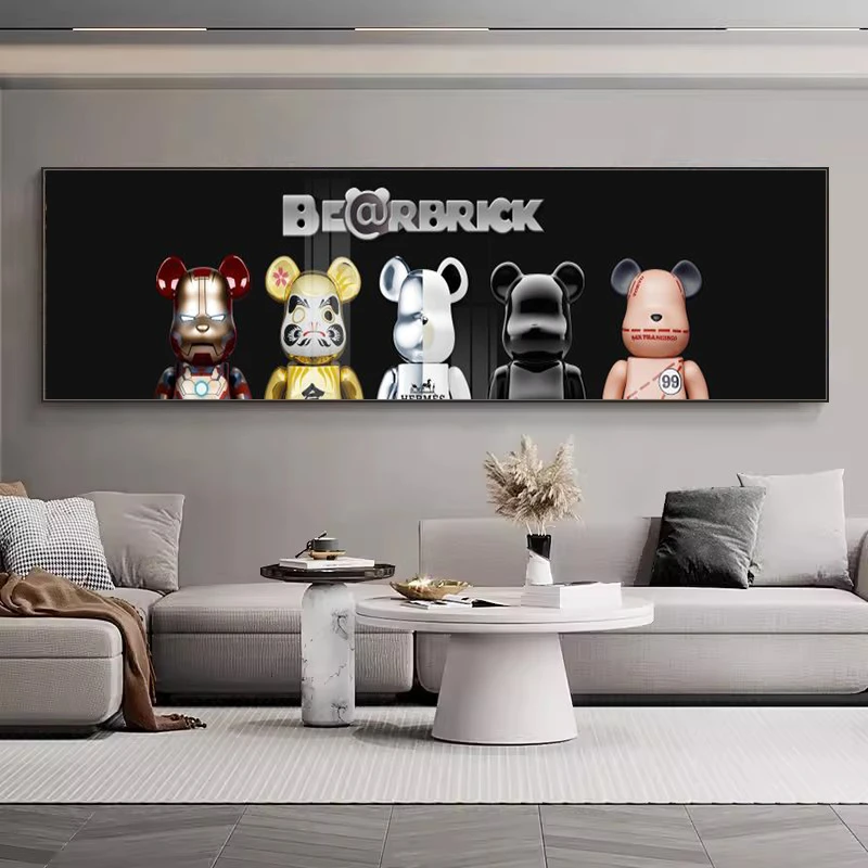 现代轻奢客厅装饰画高级感潮流暴力熊kaws沙发背景墙手工晶瓷挂画