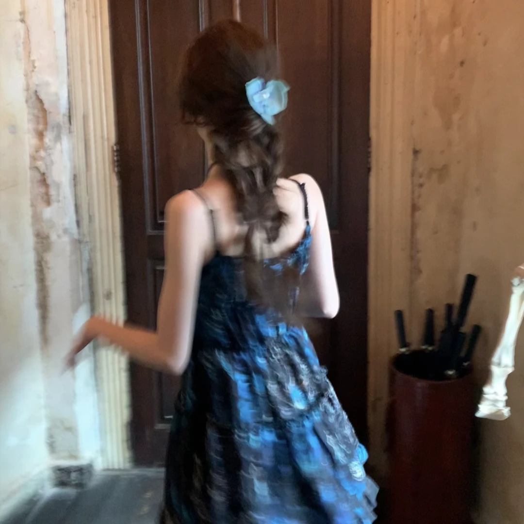 ishui-雾起海蓝-ins吊带夏季性感设计师款蝴蝶结连衣裙包臀