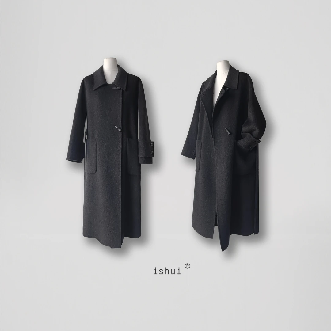 ishui-牛角扣大衣 黑白双色设计师气质约会战袍秋冬时尚双面呢