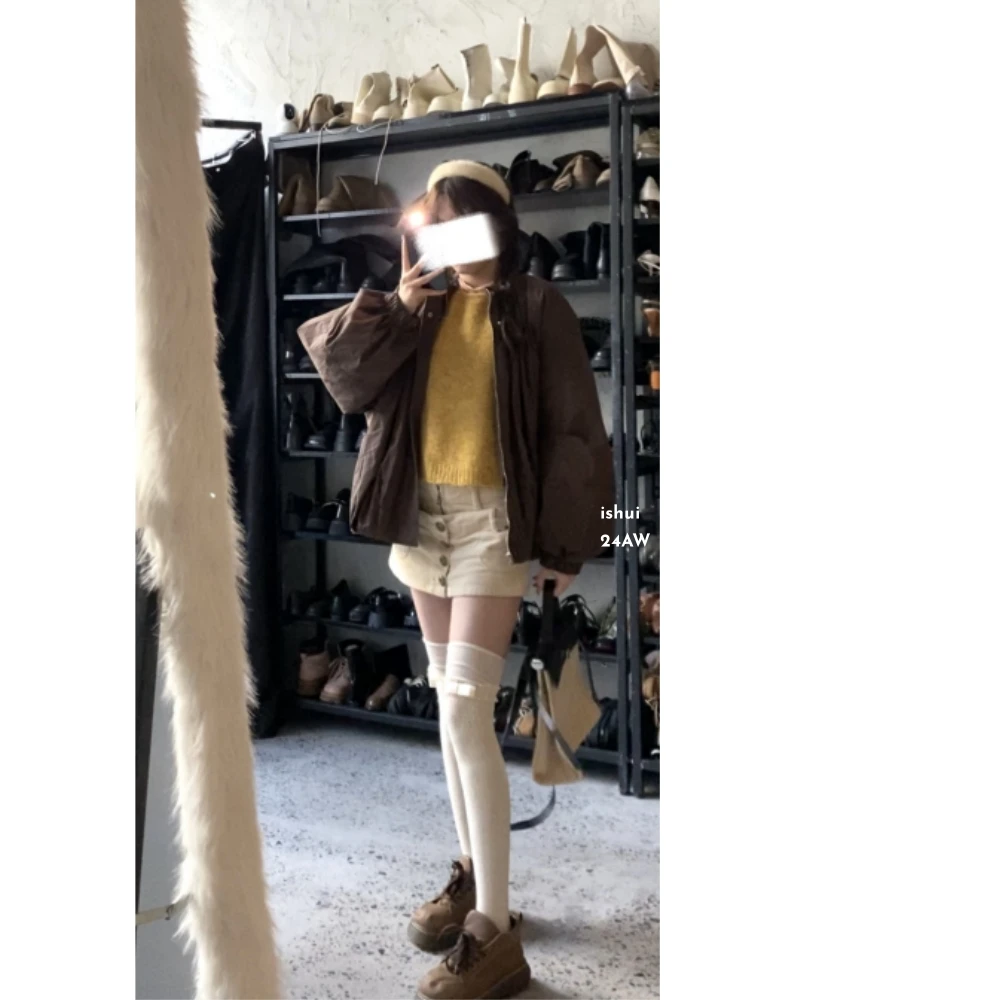 ishui-ishui-卫城落日-ins复古圆领短款卡其棕设计感松紧羽绒服