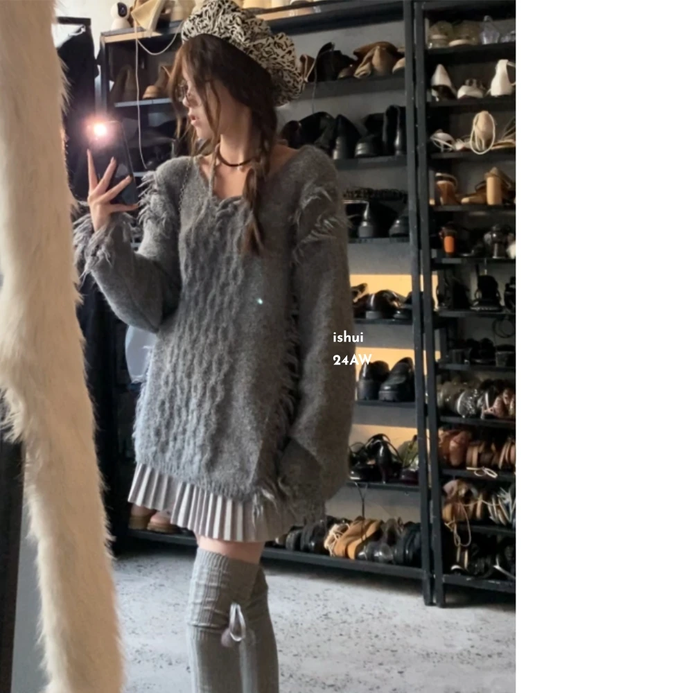 ishui-慵懒调调-ins流苏慵懒风立体圣诞美式秋冬宽松复古毛衣
