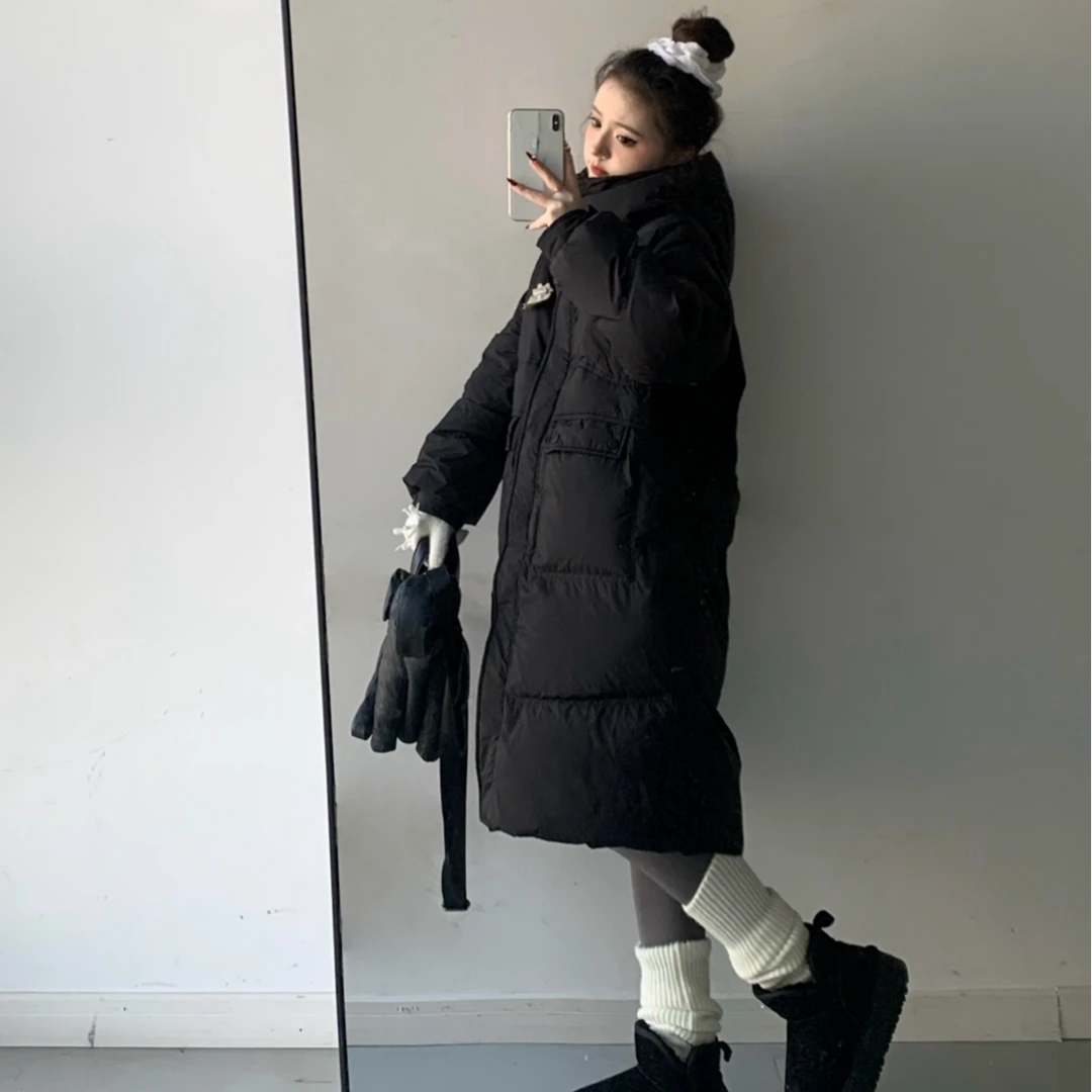 ishui-牛角包- 2色 白鸭绒长款羽绒服休闲学生ins韩版