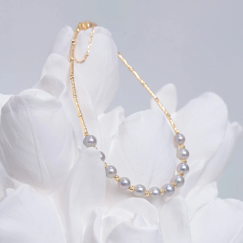 4-4.5mmAKOYA18K小金球间隔真多麻手链小众设计百搭ins珍珠手链