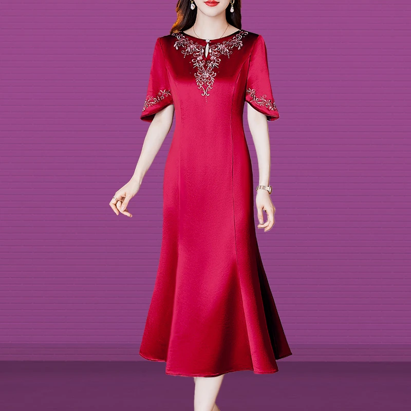 女士高档真丝桑蚕丝醋酸连衣裙妈妈款洋气春秋装40岁气质冰丝裙子