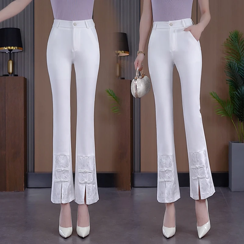 白色拉链喇叭裤女夏2025新款复古盘扣拼接九分裤女显瘦喇叭裤女