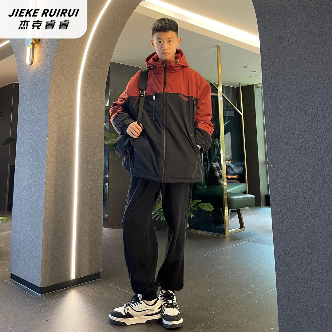 【现货-睿妈】冬季撞色拼接风休闲夹棉连帽外套大童外套潮杰克睿睿