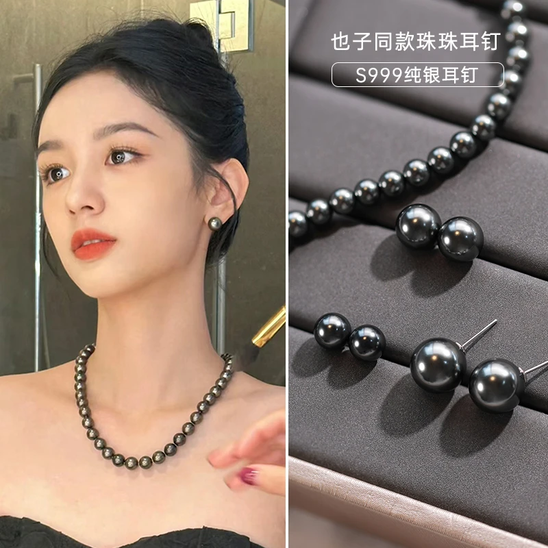 足银耳饰 999纯银耳钉女大溪地黑色耳环轻奢高级感大正圆复古耳饰