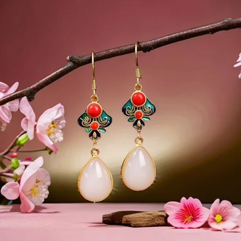 铜合金珐琅耳饰 银针防过敏古法金烧蓝如意平安水滴耳坠