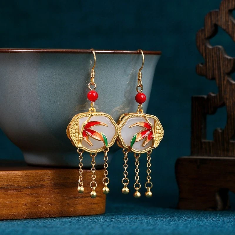 铜合金珐琅耳饰 925针金枝玉叶如意平安锁古风流苏耳环