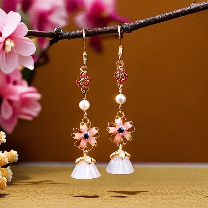 铜合金珐琅耳饰 国风银针镀金珐琅彩高保色樱花莲蓬耳钩