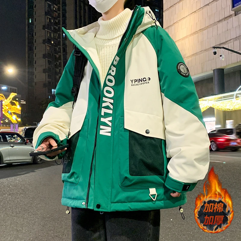 冬季新款男生连帽工装夹克潮流宽松印花加棉加厚学生保暖棉服外套