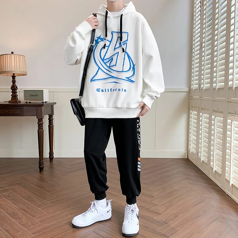 男生秋季新款休闲连帽卫衣百搭宽松学生印花长袖打底衫帅气男上衣