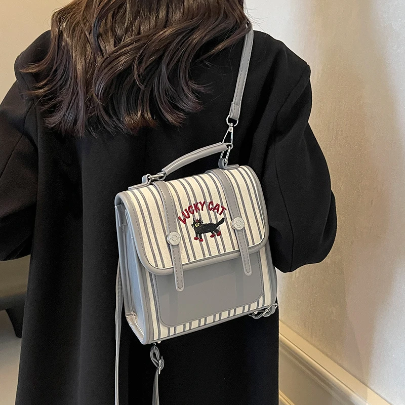 高级质感小众ins风双肩包小方包条纹小猫卡通包包手提单肩斜挎包