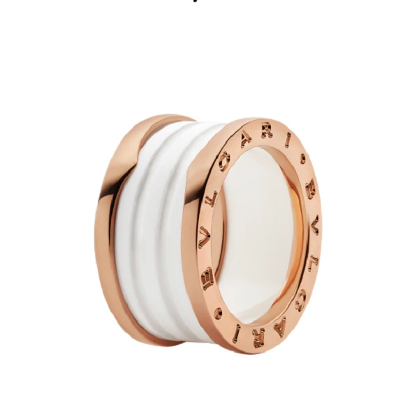 99新 BVLGARI/宝格丽 B.Zero.1系列 玫瑰金 白陶瓷 宽版四环戒指
