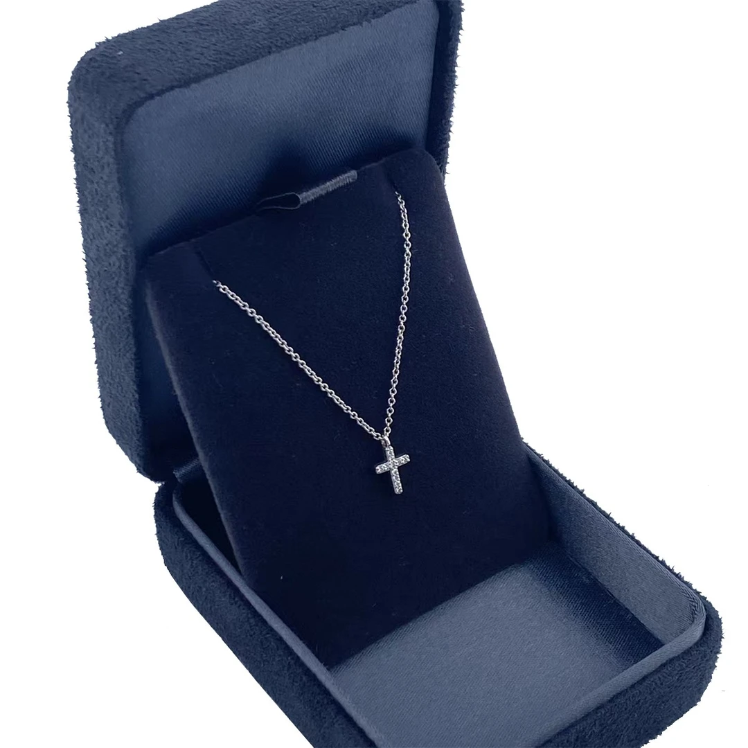 99新 Tiffany & Co./蒂芙尼 十字架镶钻经典白金十字架满钻项链