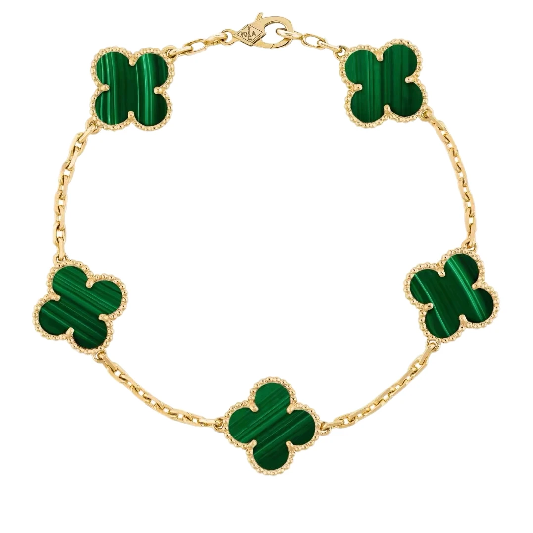 99新 梵克雅宝 VCA Vintage Alhambra 系列 孔雀石四叶草五花手链