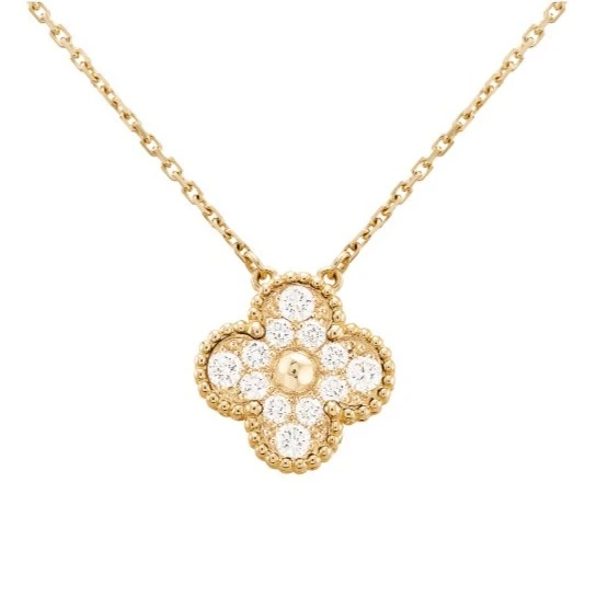 99新 梵克雅宝 Vintage Alhambr系列 中号黄金满钻四叶草项链