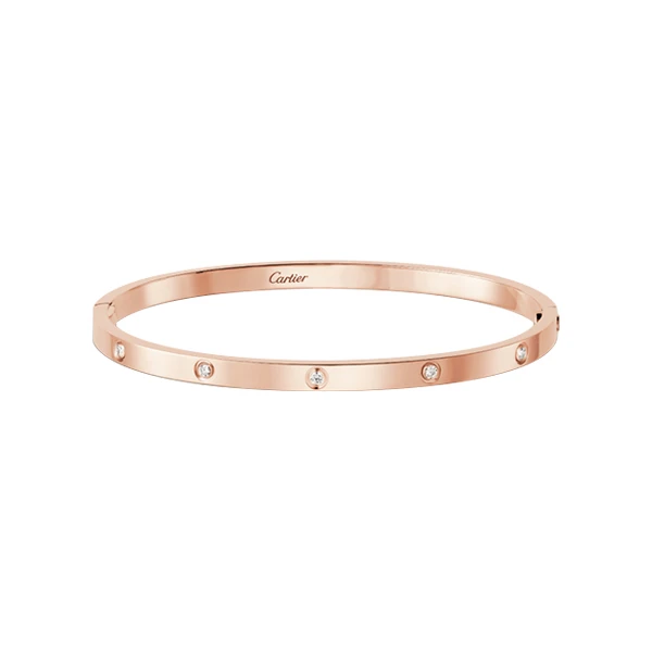 99新 Cartier/卡地亚  LOVE 系列 经典款玫瑰金窄版镶嵌十钻手镯