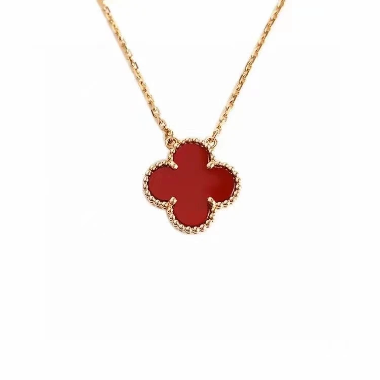 99新 梵克雅宝 Vintage Alhambr系列 18k黄金红玉髓四叶草项链