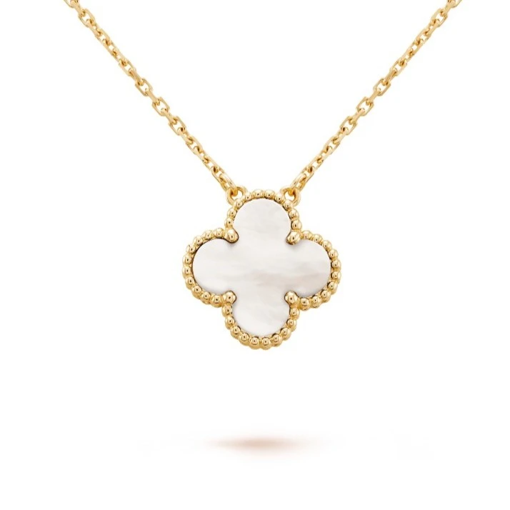 99新 梵克雅宝  VCA Vintage Alhambr系列 黄金白贝母四叶草项链