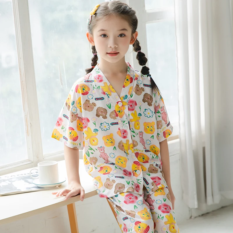夏季薄款儿童棉绸睡衣短袖长裤居家服男童女童宝宝空调服套装