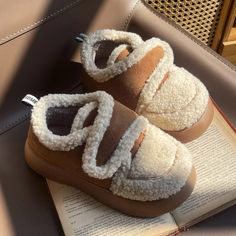 羊羔绒棉鞋女冬季新款魔术贴厚底加绒保暖防滑包跟室内居家毛拖鞋