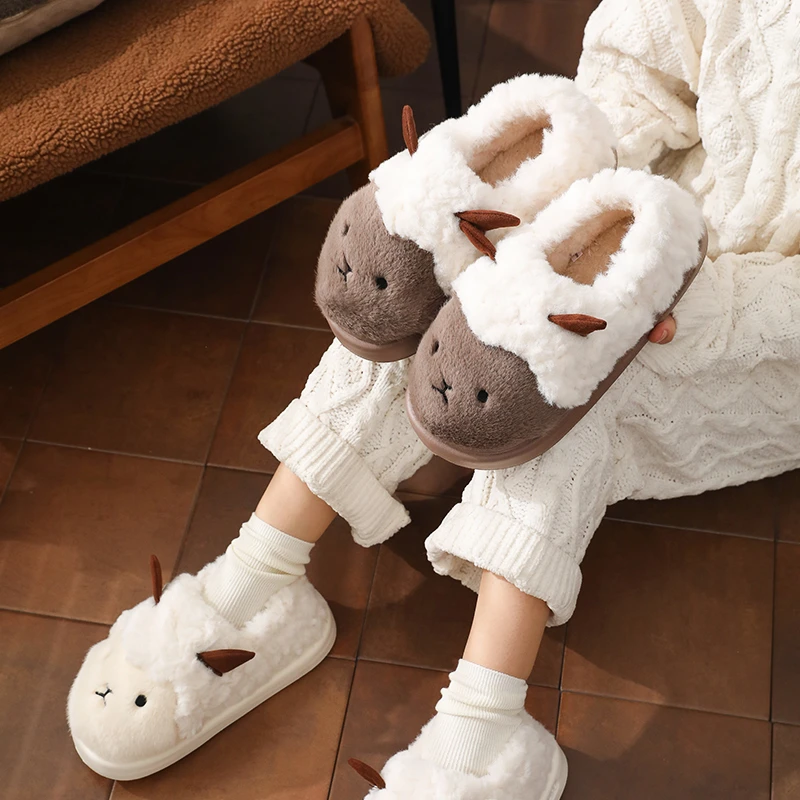 可爱小羊棉拖鞋羊羔毛居家可外穿情侣厚底包跟秋冬季加绒软底毛拖