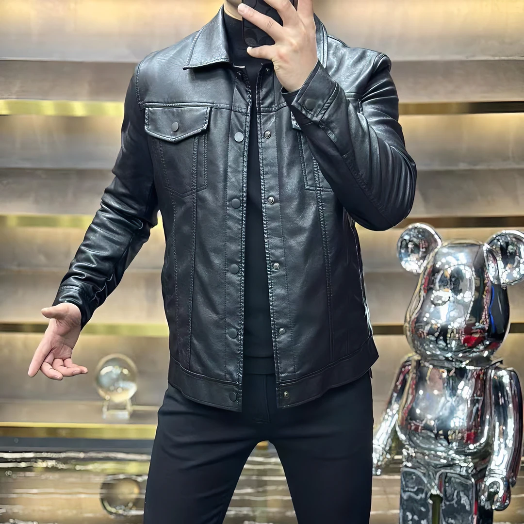 D-5689【高端定制】男士春季时尚潮流休闲帅气简约百搭修身翻领皮衣