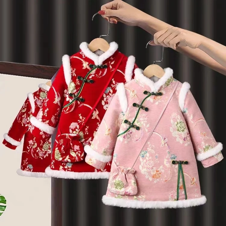 汉服女童冬季中国风儿童加棉唐装拜年服女宝喜庆新年装拜年服洋气