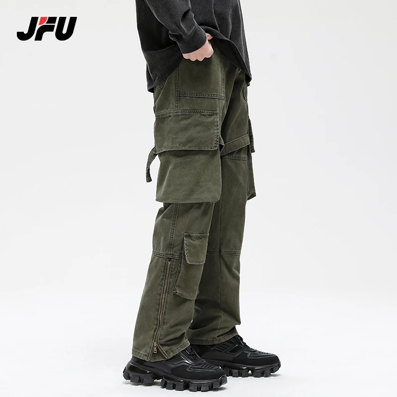 JFU夏季薄款男生牛仔裤工装裤子高街美式多口袋街头复古百搭长裤