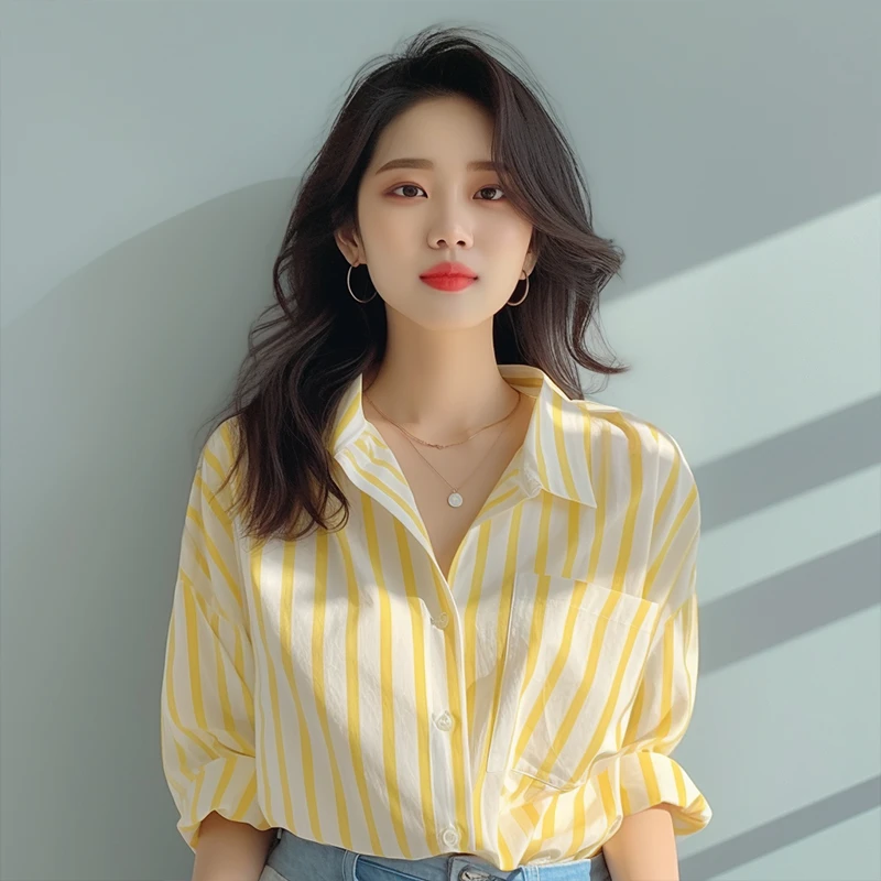 黄白色竖条纹衬衫女2025夏季新款衬衣欧货洋气小衫爆款海边防晒衫