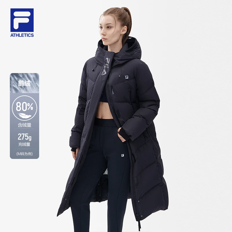 FILA 斐乐官方女子长款鹅绒羽绒服2023冬宽松连帽上衣A11W242906F