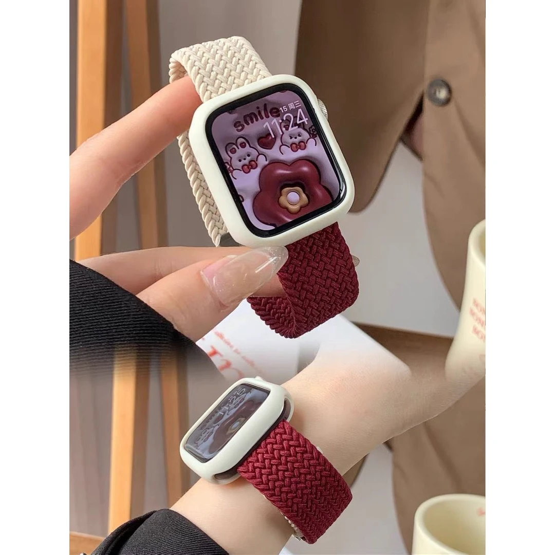 watch表带S8拼色编织尼龙iwatch7654se可爱高级小众女款